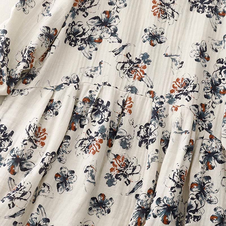 Robe mi-longue décontractée en coton et lin à petits motifs floraux et col ras du cou avec poches - image 8