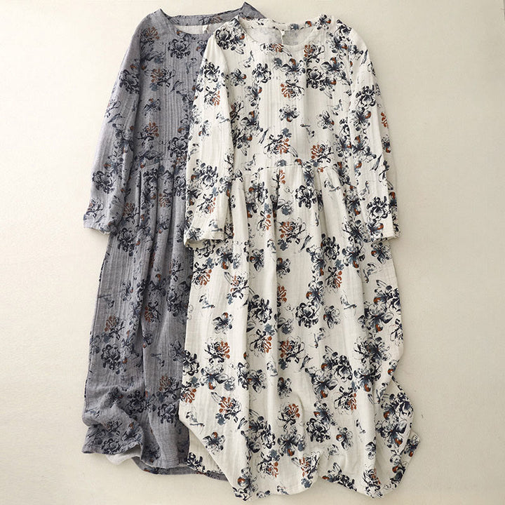Robe mi-longue décontractée en coton et lin à petits motifs floraux et col ras du cou avec poches - image 21