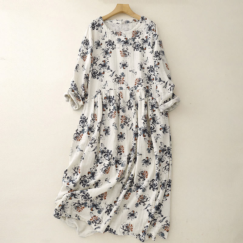 Robe mi-longue décontractée en coton et lin à petits motifs floraux et col ras du cou avec poches - FloralBlanc - US8-10，UK/AU12-14，EU40-42 (2XL) - image 1