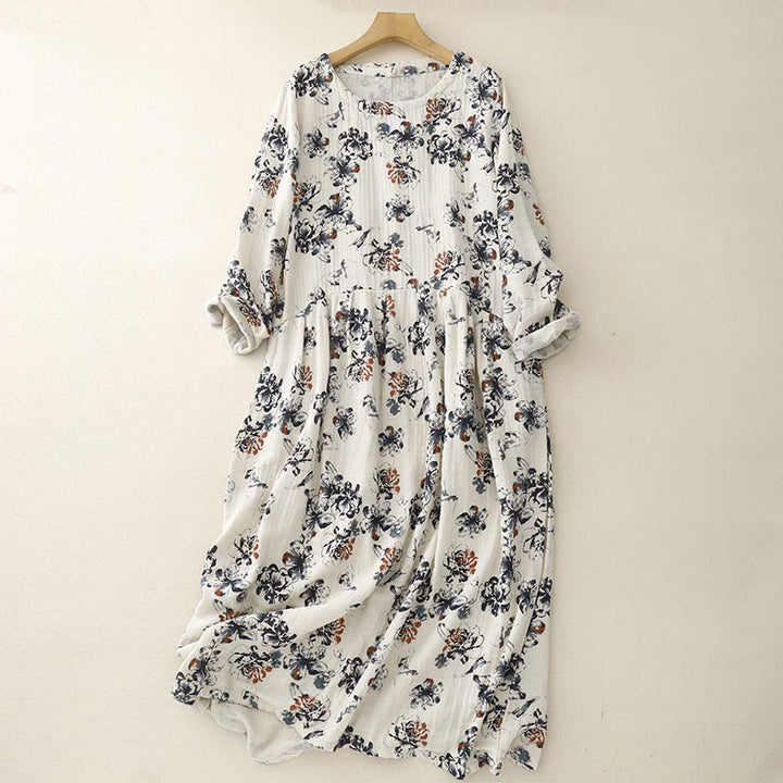 Robe mi-longue décontractée en coton et lin à petits motifs floraux et col ras du cou avec poches - FloralBlanc - US8-10，UK/AU12-14，EU40-42 (2XL) - image 1