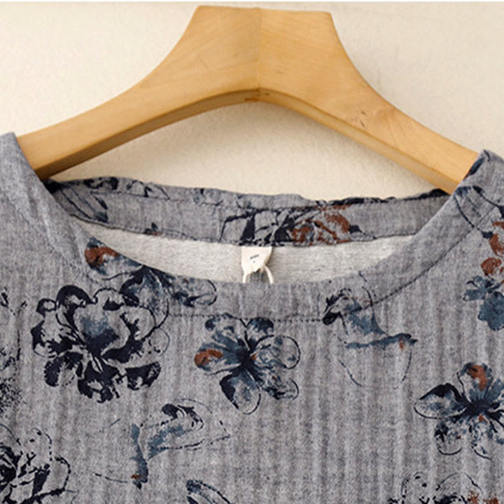 Robe mi-longue décontractée en coton et lin à petits motifs floraux et col ras du cou avec poches - image 14