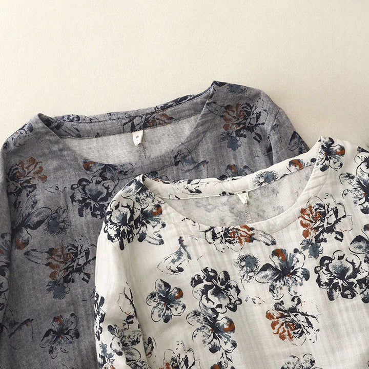 Robe mi-longue décontractée en coton et lin à petits motifs floraux et col ras du cou avec poches - image 22