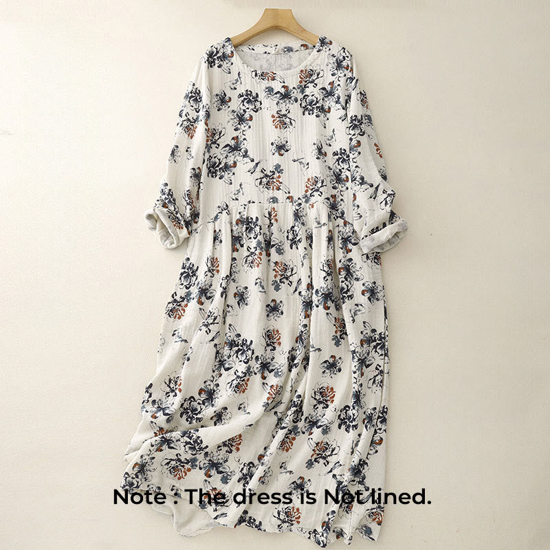 Robe mi-longue décontractée en coton et lin à petits motifs floraux et col ras du cou avec poches - image 2