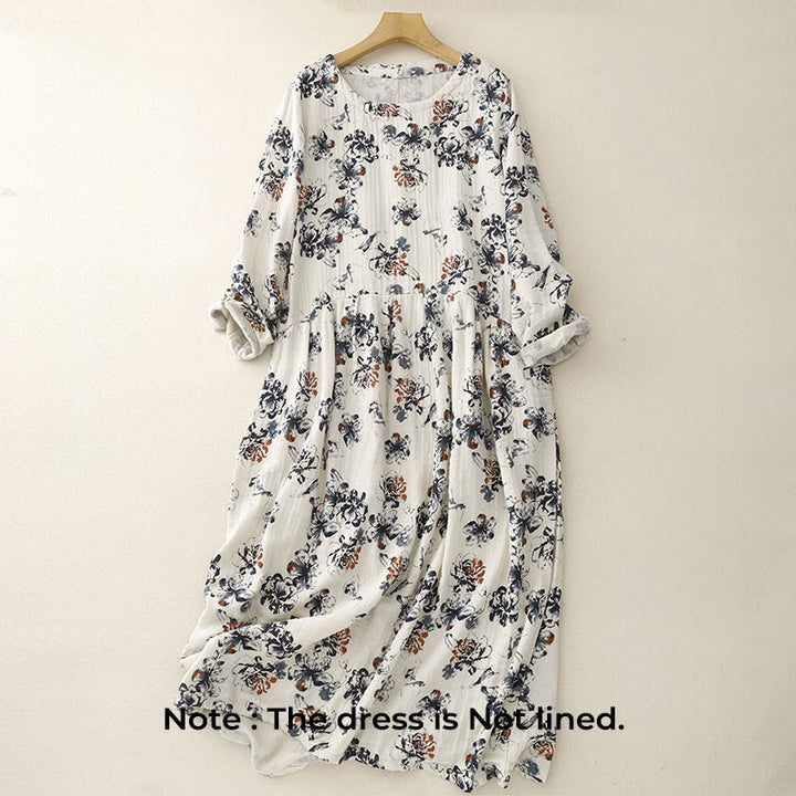 Robe mi-longue décontractée en coton et lin à petits motifs floraux et col ras du cou avec poches - image 2