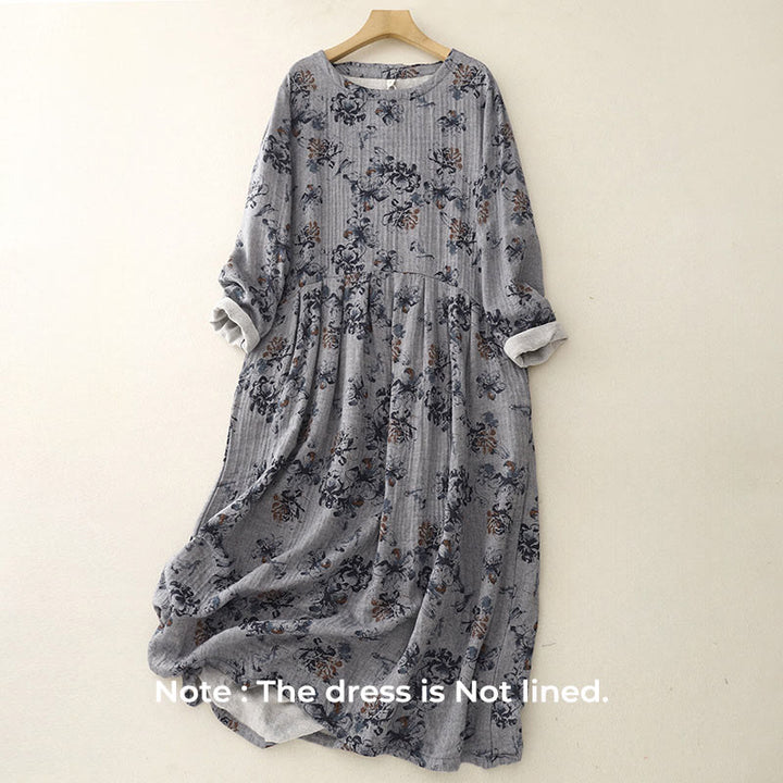 Robe mi-longue décontractée en coton et lin à petits motifs floraux et col ras du cou avec poches - image 13