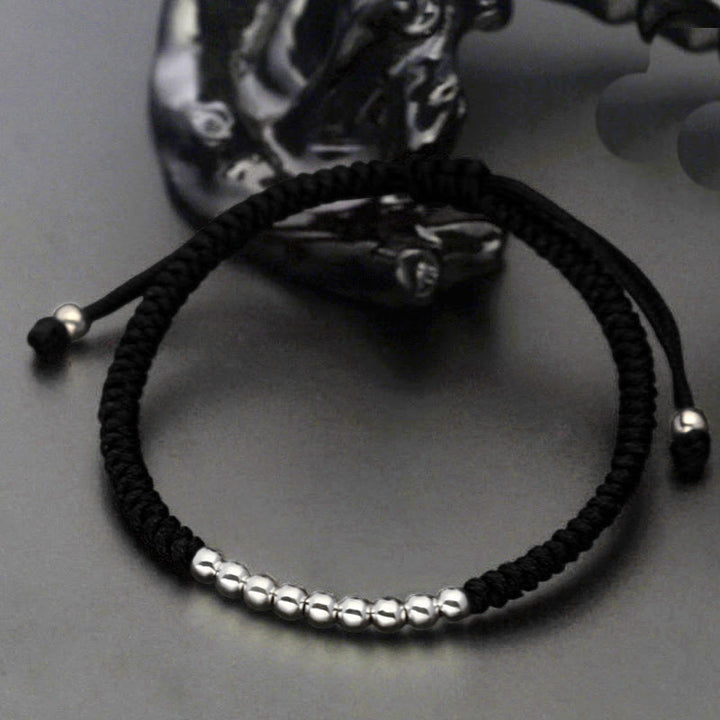 Bracelet porte-bonheur rétro en argent sterling 925 avec perles simples et nœuds, Buddha Stones - Argent sterling 925 (Tour de poignet : 15-22 cm) - Noir - image 1