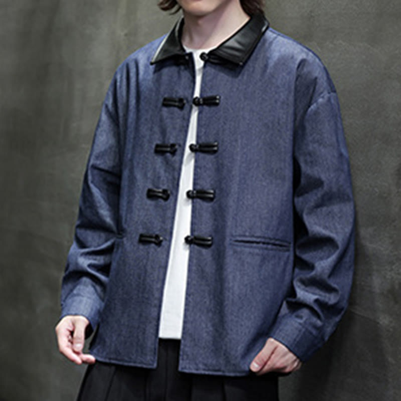 Chemise à manches longues en coton avec poches et boutons grenouille Buddha Stones pour homme - Bleu nuit - US/UK/AU46，EU56 (5XL) - image 1