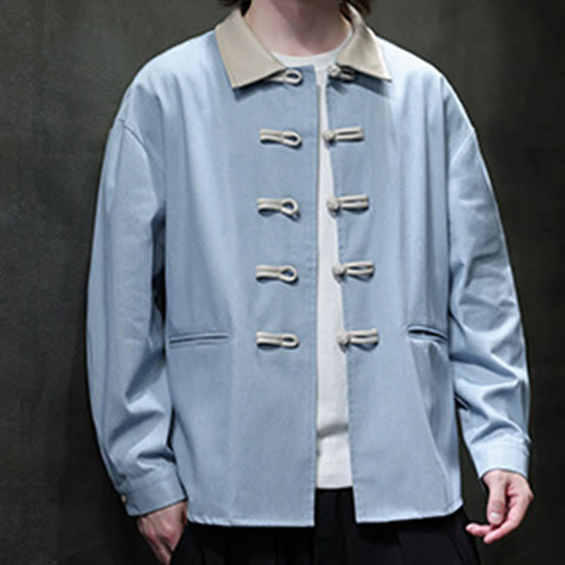Chemise à manches longues en coton avec poches et boutons grenouille Buddha Stones pour homme - Bleu ciel clair - US/UK/AU46，EU56 (5XL) - image 13