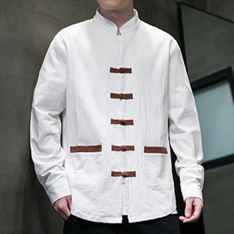 Chemise homme Buddha Stones, col montant, boutons grenouille, coton et lin, manches longues, avec poches - image 5