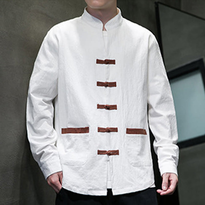 Chemise homme Buddha Stones, col montant, boutons grenouille, coton et lin, manches longues, avec poches - image 5