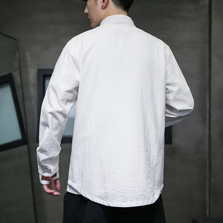 Chemise homme Buddha Stones, col montant, boutons grenouille, coton et lin, manches longues, avec poches - image 4