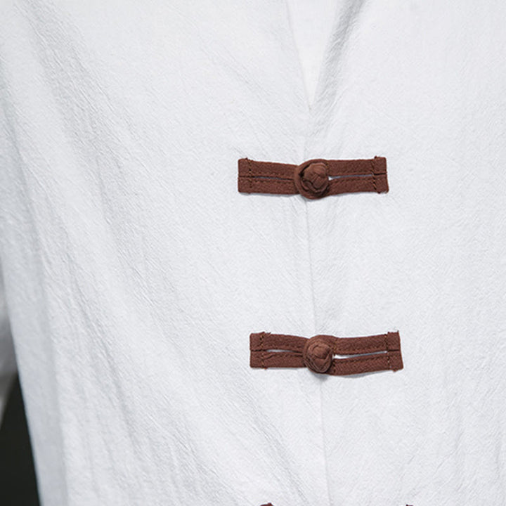 Chemise homme Buddha Stones, col montant, boutons grenouille, coton et lin, manches longues, avec poches - image 7
