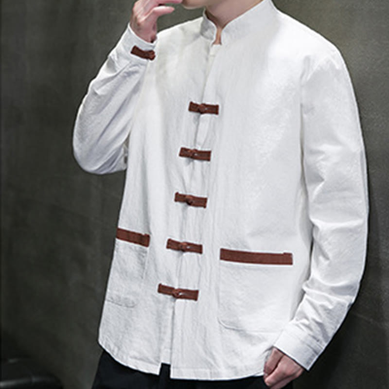 Chemise homme Buddha Stones, col montant, boutons grenouille, coton et lin, manches longues, avec poches - image 2