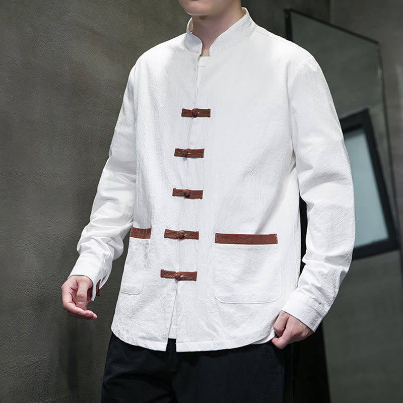 Chemise homme Buddha Stones, col montant, boutons grenouille, coton et lin, manches longues, avec poches - image 3