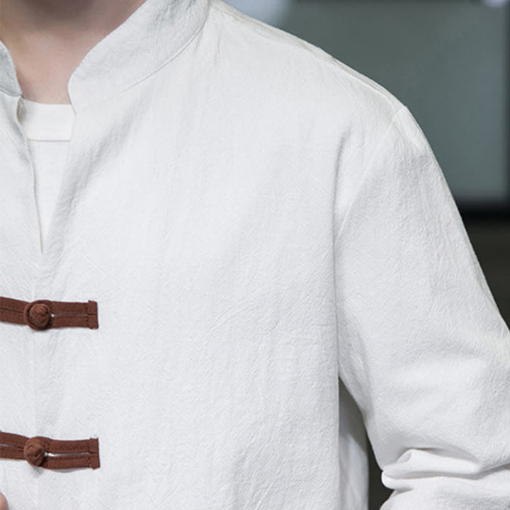 Chemise homme Buddha Stones, col montant, boutons grenouille, coton et lin, manches longues, avec poches - image 8
