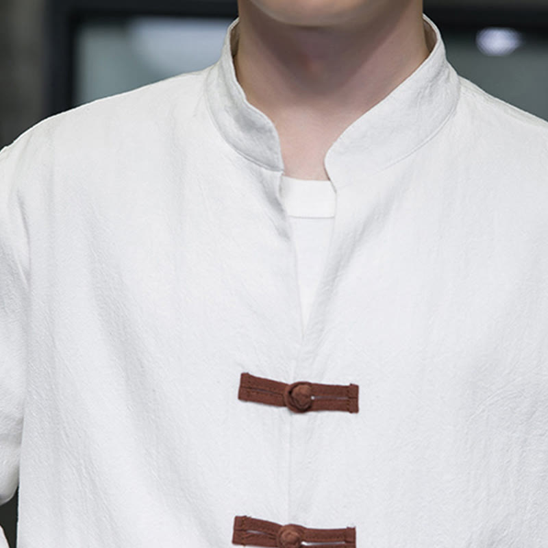 Chemise homme Buddha Stones, col montant, boutons grenouille, coton et lin, manches longues, avec poches - image 9