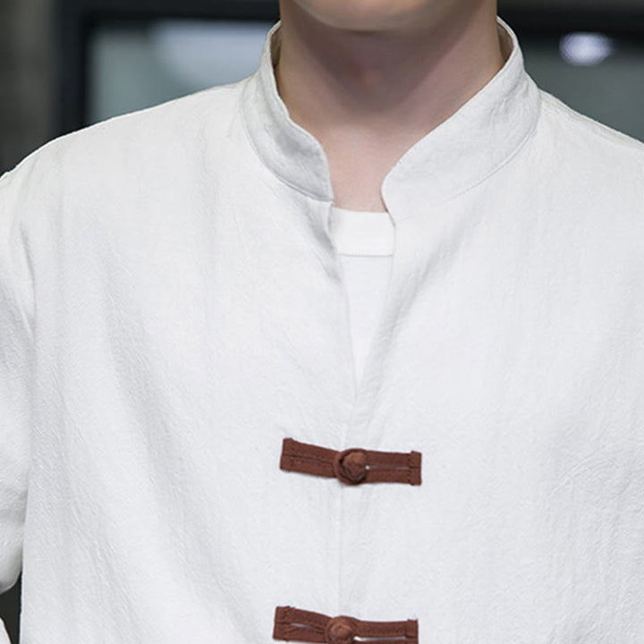 Chemise homme Buddha Stones, col montant, boutons grenouille, coton et lin, manches longues, avec poches - image 9