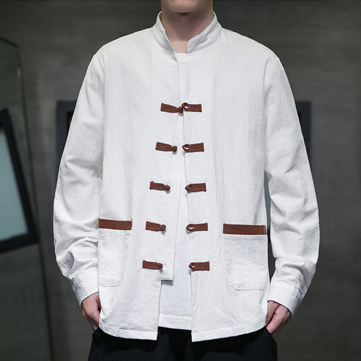 Chemise homme Buddha Stones, col montant, boutons grenouille, coton et lin, manches longues, avec poches - Blanc - US/UK/AU46，EU56 (5XL) - image 1