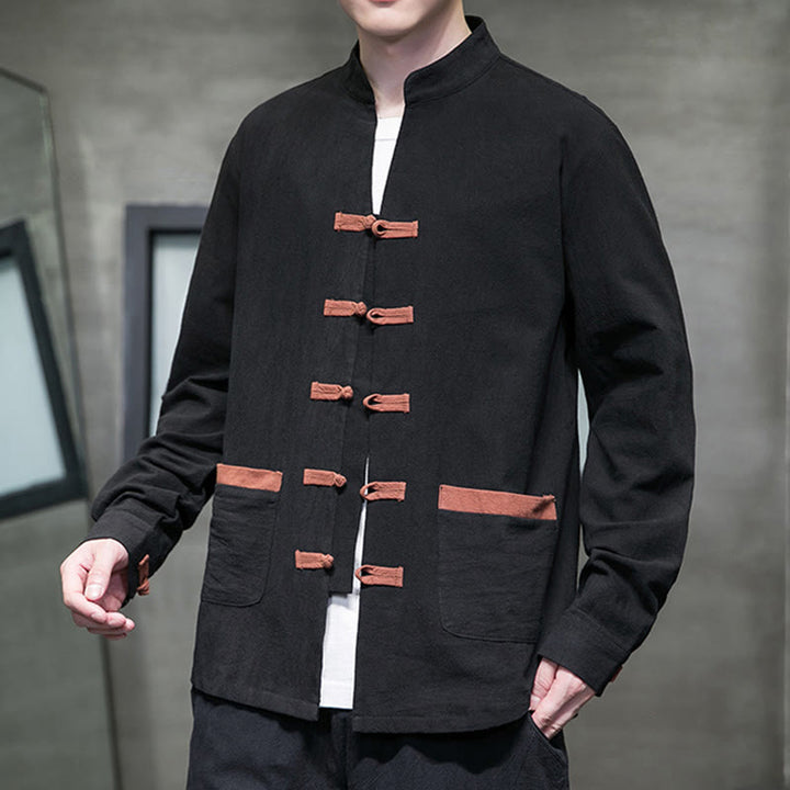 Chemise homme Buddha Stones, col montant, boutons grenouille, coton et lin, manches longues, avec poches - image 11