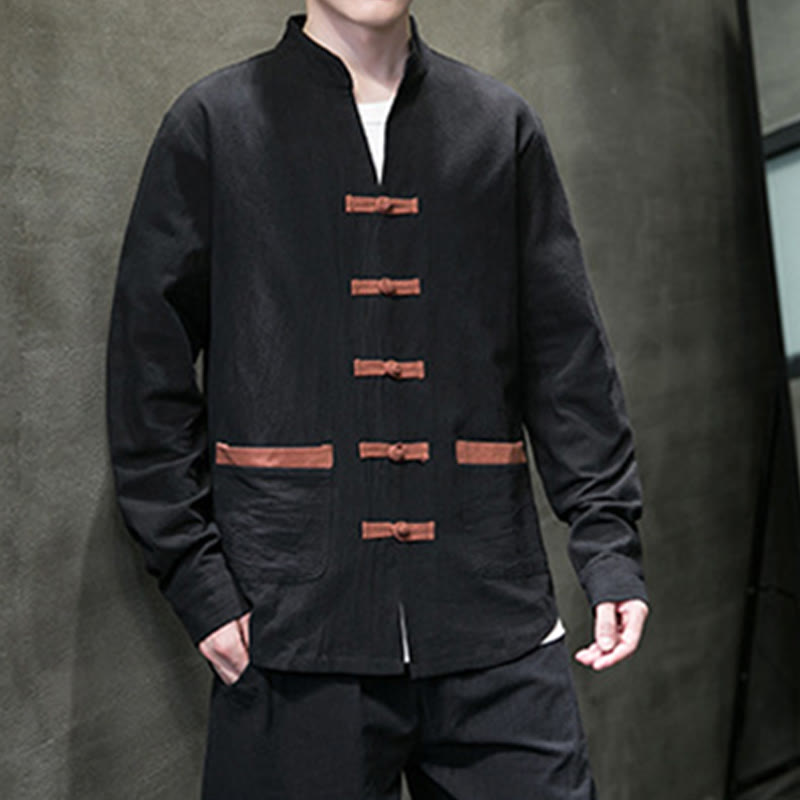 Chemise homme Buddha Stones, col montant, boutons grenouille, coton et lin, manches longues, avec poches - image 13