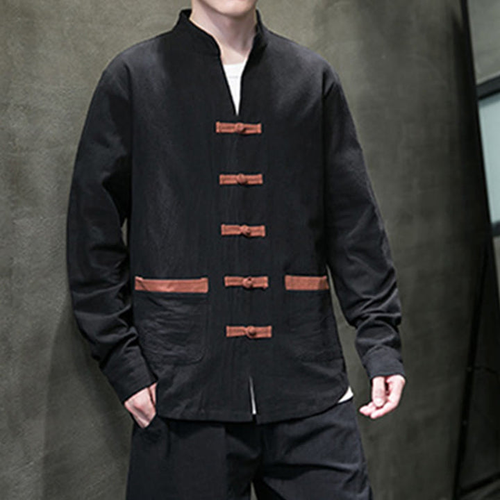 Chemise homme Buddha Stones, col montant, boutons grenouille, coton et lin, manches longues, avec poches - image 13