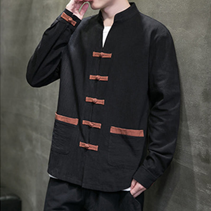 Chemise homme Buddha Stones, col montant, boutons grenouille, coton et lin, manches longues, avec poches - image 12
