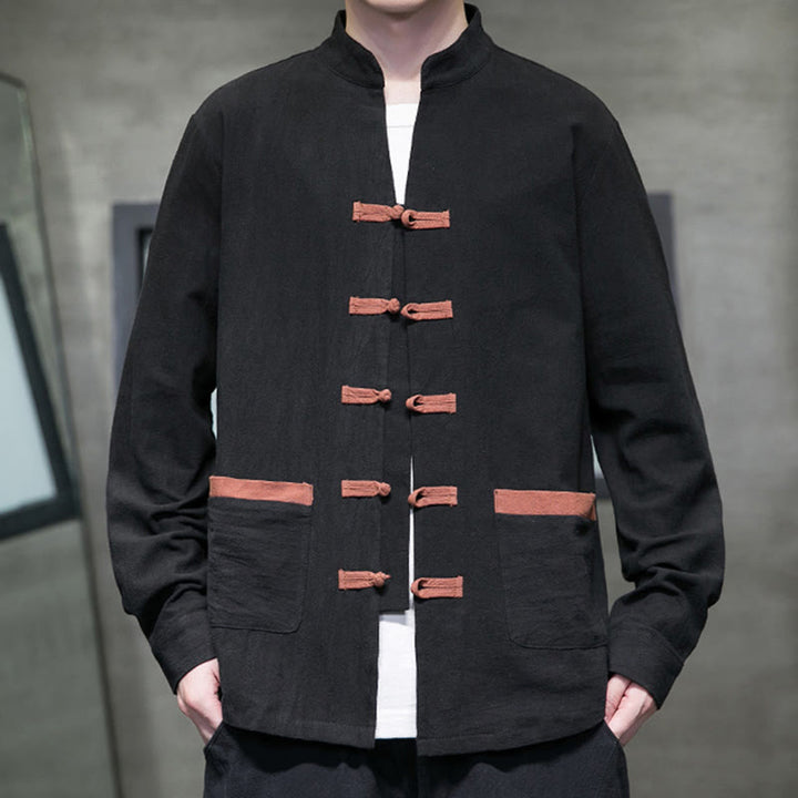 Chemise homme Buddha Stones, col montant, boutons grenouille, coton et lin, manches longues, avec poches - Noir - US/UK/AU46，EU56 (5XL) - image 10