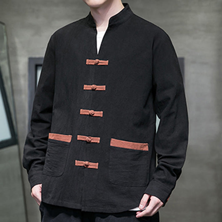 Chemise homme Buddha Stones, col montant, boutons grenouille, coton et lin, manches longues, avec poches - image 15