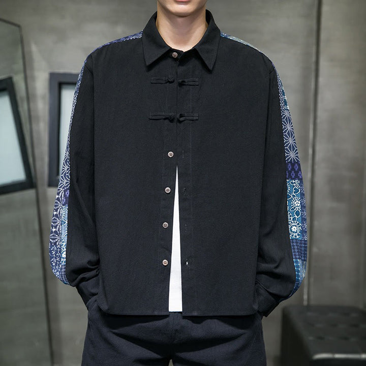 Chemise à manches longues en coton mélangé à motif floral Buddha Stones pour homme - Noir - États-Unis/Royaume-Uni/AU50, EU60 (5XL) - image 1