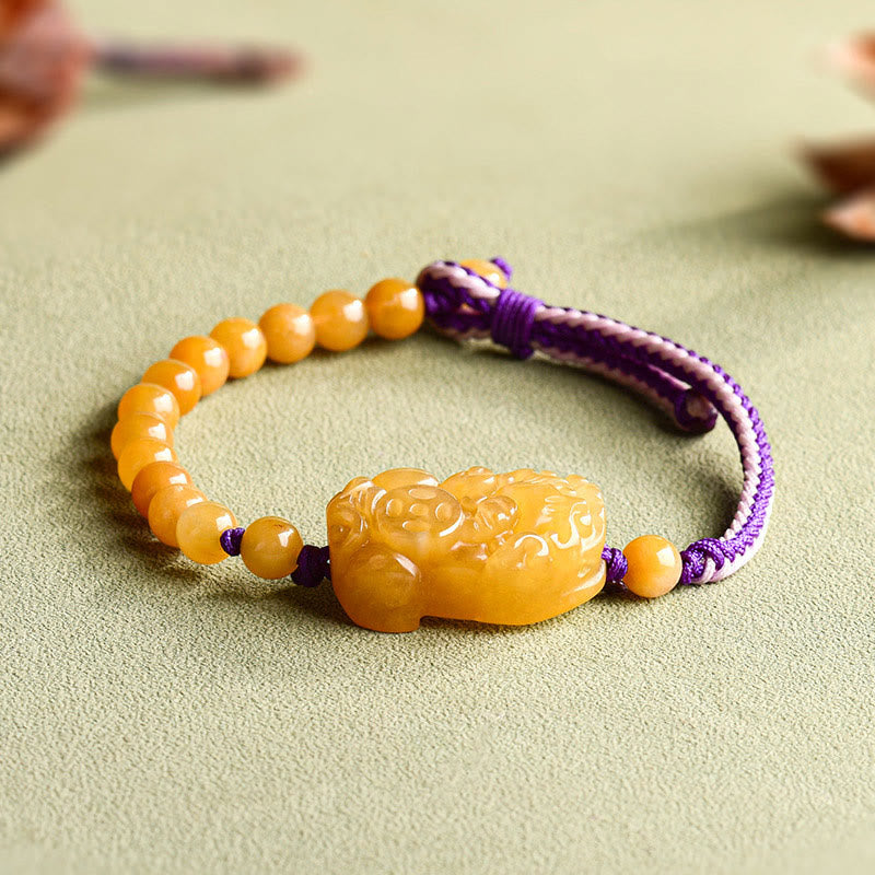Bracelet de richesse PiXiu en perles de jade et soie dorées de Buddha Stones - Jade en soie dorée (tour de poignet : 14-18 cm) - image 1