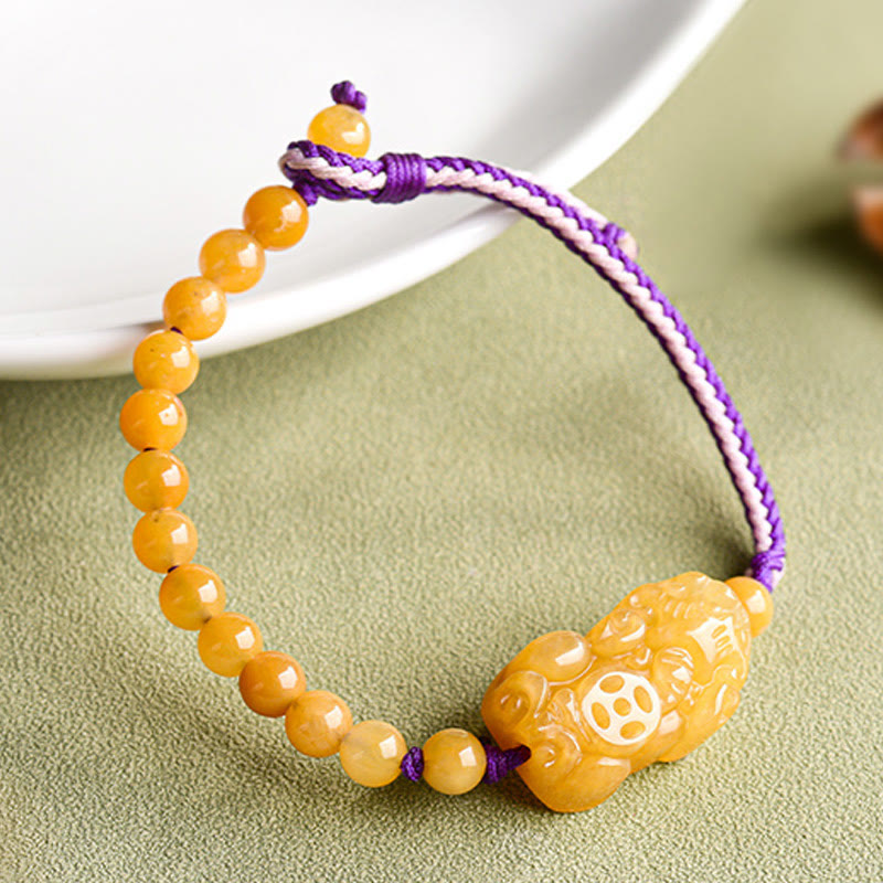 Bracelet de richesse PiXiu en perles de jade et soie dorées de Buddha Stones - image 3