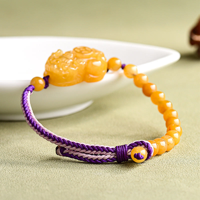 Bracelet de richesse PiXiu en perles de jade et soie dorées de Buddha Stones - image 4