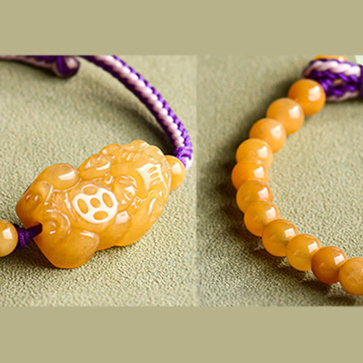 Bracelet de richesse PiXiu en perles de jade et soie dorées de Buddha Stones - image 12