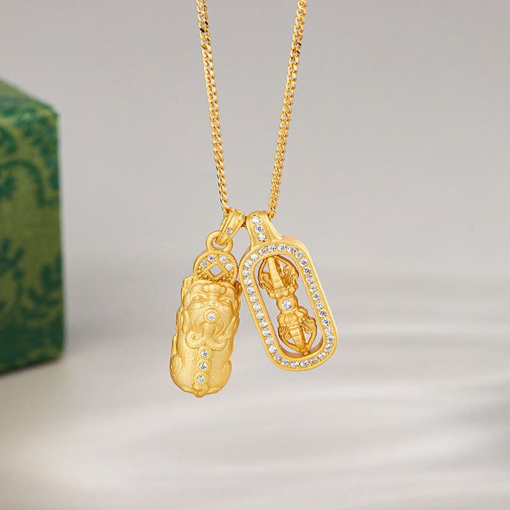 Collier pendentif en argent sterling 925 avec Buddha Stones et mini PiXiu Dorje Vajra - Doré - Pixiu Vajra - image 1