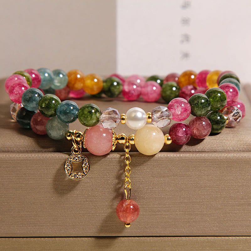 Bracelet double tour positif en Buddha Stones, tourmaline violette, jade, aigue-marine, jade et cuivre - Tourmaline (tour de poignet : 14-15 cm) - image 1