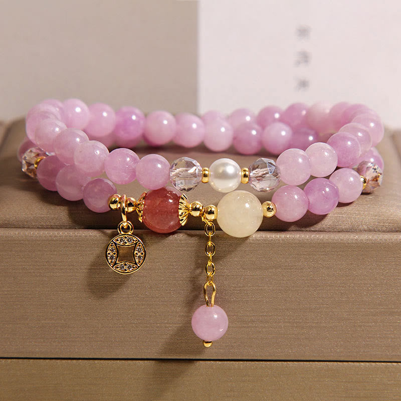 Bracelet double tour positif en Buddha Stones, tourmaline violette, jade, aigue-marine, jade et cuivre - Jade violet (tour de poignet : 14-15 cm) - image 5