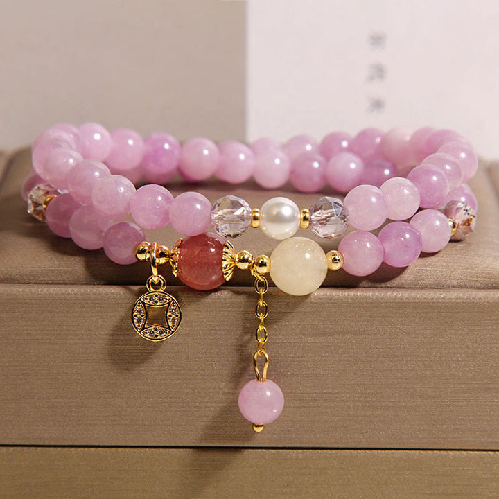 Bracelet double tour positif en Buddha Stones, tourmaline violette, jade, aigue-marine, jade et cuivre - Jade violet (tour de poignet : 14-15 cm) - image 5