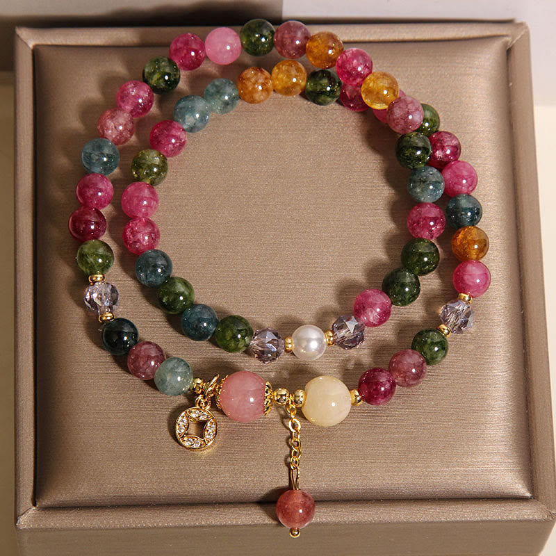 Bracelet double tour positif en Buddha Stones, tourmaline violette, jade, aigue-marine, jade et cuivre - image 2