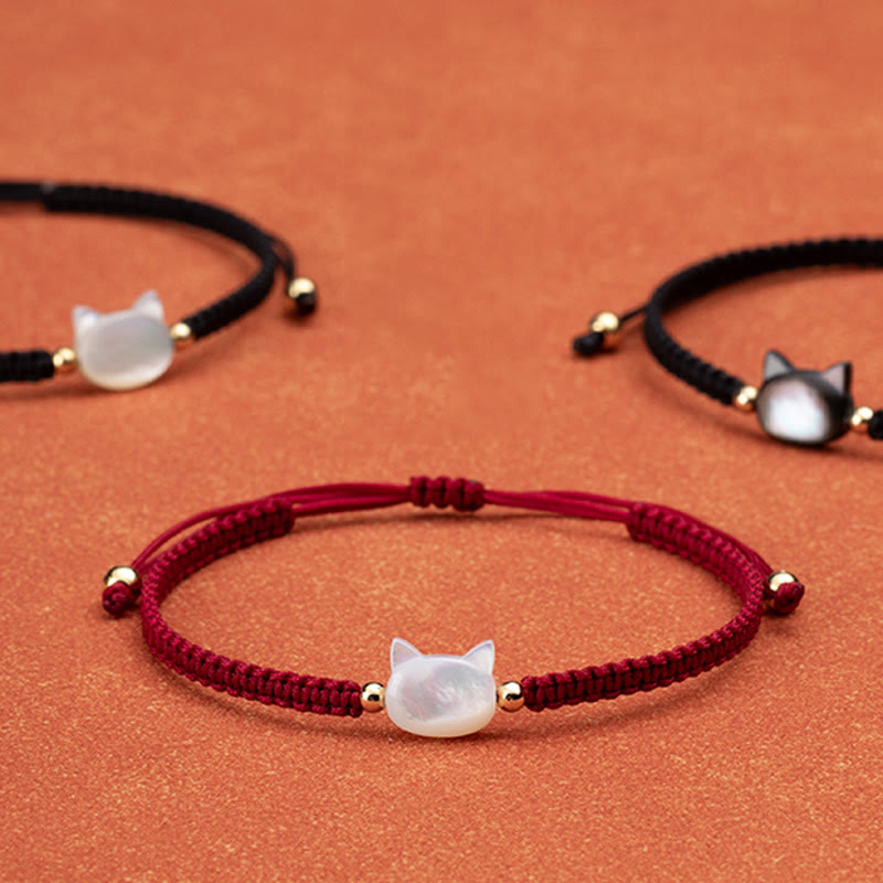 Bracelet de connexion en coquillage et fil rouge avec tête de chat sans visage et Buddha Stones - Chat noir String noir - image 0