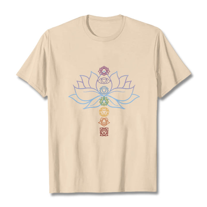 T-shirt en coton avec Buddha Stones, teintes pastel, fleur de lotus, symboles des chakras, méditation - Bisque - 2XL - image 9
