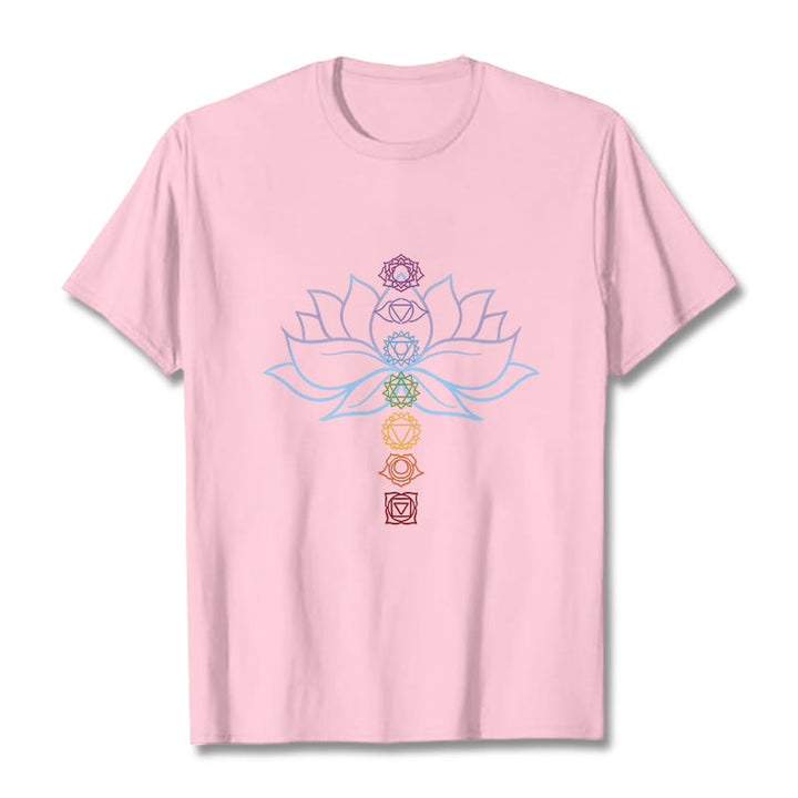 T-shirt en coton avec Buddha Stones, teintes pastel, fleur de lotus, symboles des chakras, méditation - Rose clair - 2XL - image 13