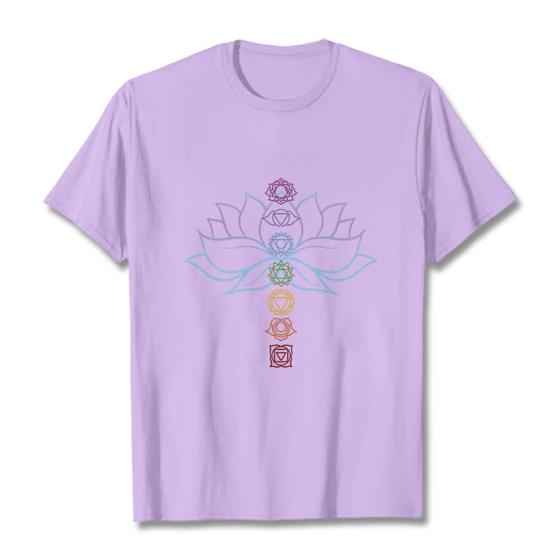 T-shirt en coton avec Buddha Stones, teintes pastel, fleur de lotus, symboles des chakras, méditation - Prune - 2XL - image 17