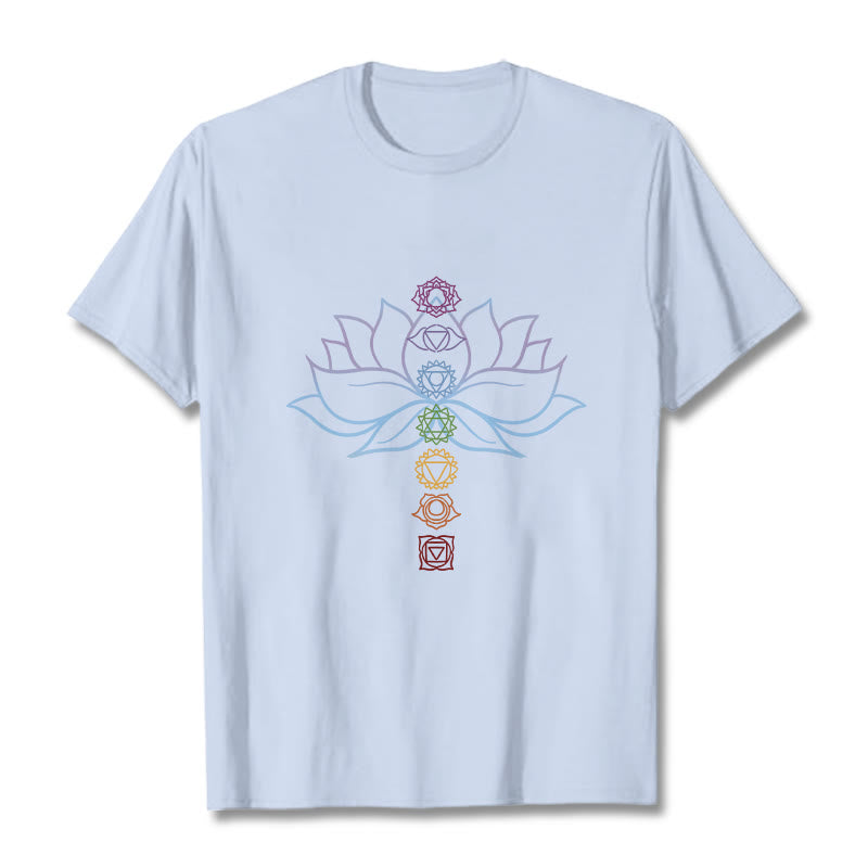 T-shirt en coton avec Buddha Stones, teintes pastel, fleur de lotus, symboles des chakras, méditation - Cyan clair - 2XL - image 18