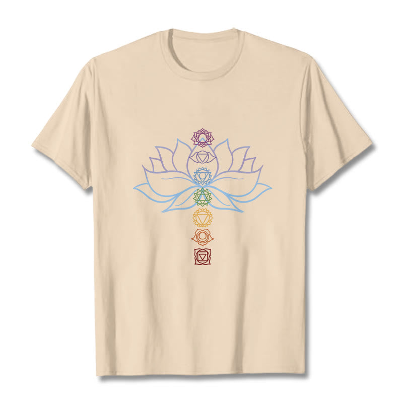T-shirt en coton avec Buddha Stones, teintes pastel, fleur de lotus, symboles des chakras, méditation - Bisque - 2XL - image 8