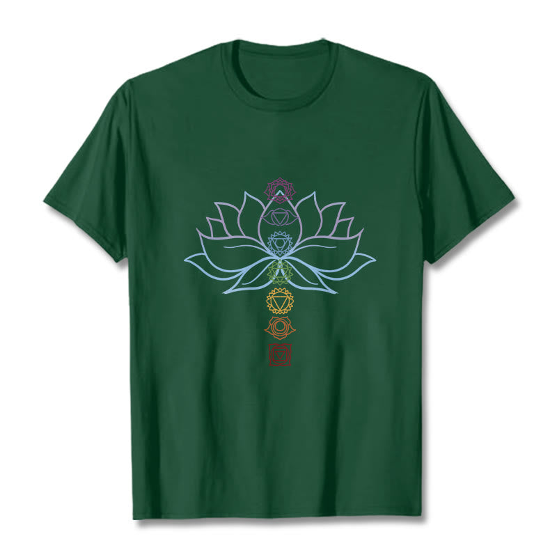 T-shirt en coton avec Buddha Stones, teintes pastel, fleur de lotus, symboles des chakras, méditation - Vert forêt - 2XL - image 10