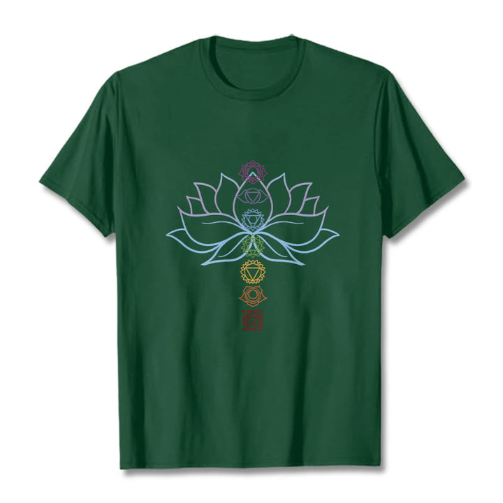 T-shirt en coton avec Buddha Stones, teintes pastel, fleur de lotus, symboles des chakras, méditation - Vert forêt - 2XL - image 10