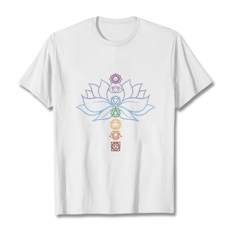 T-shirt en coton avec Buddha Stones, teintes pastel, fleur de lotus, symboles des chakras, méditation - Blanc - 2XL - image 1