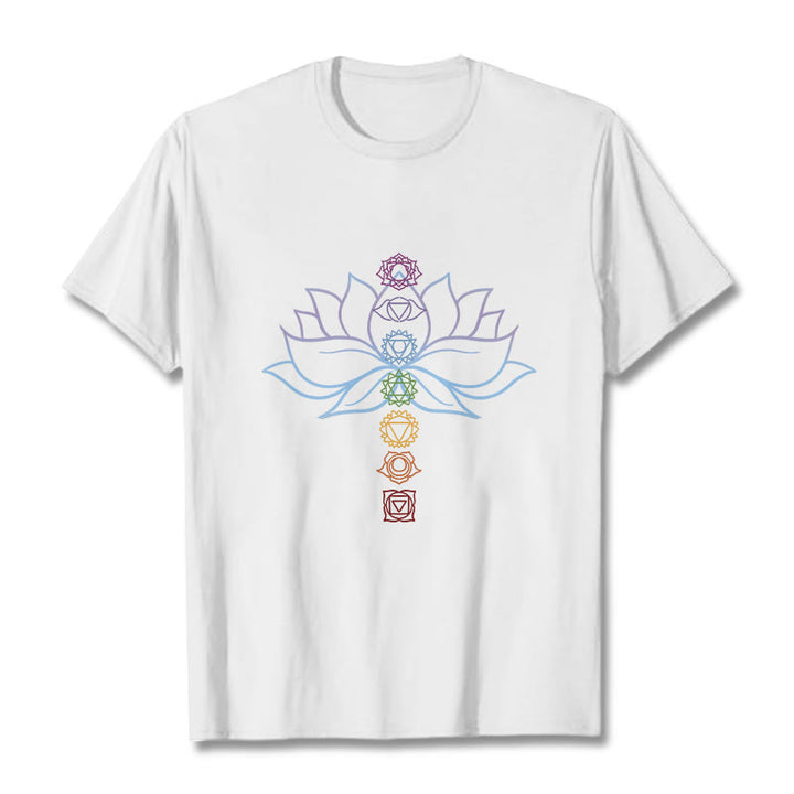 T-shirt en coton avec Buddha Stones, teintes pastel, fleur de lotus, symboles des chakras, méditation - Blanc - 2XL - image 1