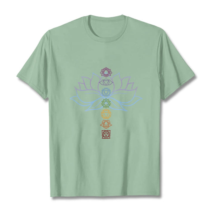 T-shirt en coton avec Buddha Stones, teintes pastel, fleur de lotus, symboles des chakras, méditation - Vert pâle - 2XL - image 14