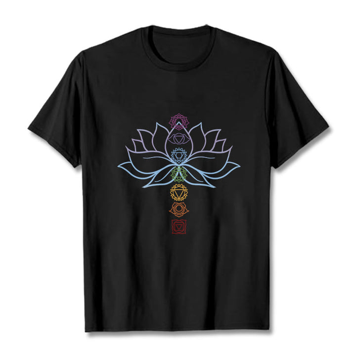 T-shirt en coton avec Buddha Stones, teintes pastel, fleur de lotus, symboles des chakras, méditation - Noir - 2XL - image 5